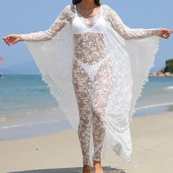Sheer White Floral Lace Boho Dress Cover Up Beach Swim Gothic Bohemian Lingerie - Picture 2 of 10